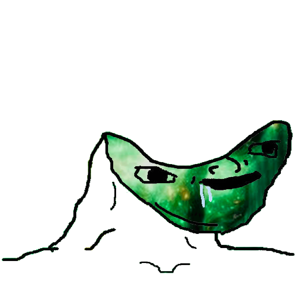 Y2D mascot: a green cosmic-skin brainlet with a caved head, MS Paint lines, and blue drool